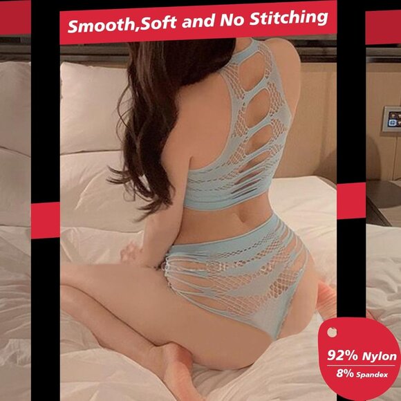 Charming Plus Size Fishnet Lingerie Set in Blue - Irresistible and Comfortable - Picture 5 of 6